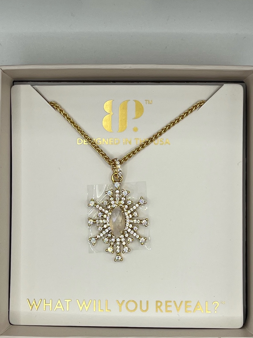 BP Halo Whispering Prayer Gold Sunburst Pendant Necklace with Clear Crystals